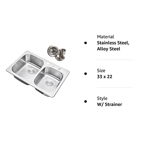 CozyBlock 33 x 22 x 9 Inch 60/40 Offset Top-mount/Drop-in Stainless Steel Double Bowl Kitchen Sink with Strainer - 18 Gauge Stainless Steel-3 Faucet Hole