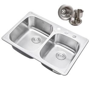 cozyblock 33 x 22 x 9 inch 60/40 offset top-mount/drop-in stainless steel double bowl kitchen sink with strainer - 18 gauge stainless steel-3 faucet hole