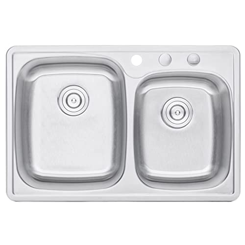 CozyBlock 33 x 22 x 9 Inch 60/40 Offset Top-mount/Drop-in Stainless Steel Double Bowl Kitchen Sink with Strainer - 18 Gauge Stainless Steel-3 Faucet Hole