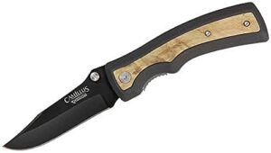 camillus slick carbonitride titanium folding knife with burlwood insert panels, black/wood, 3-inch