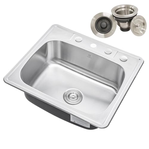 CozyBlock 25 x 22 x 9 Inch Top-mount/Drop-in Stainless Steel Single Bowl Kitchen Sink with Strainer - 18 Gauge Stainless Steel-4 Faucet Hole