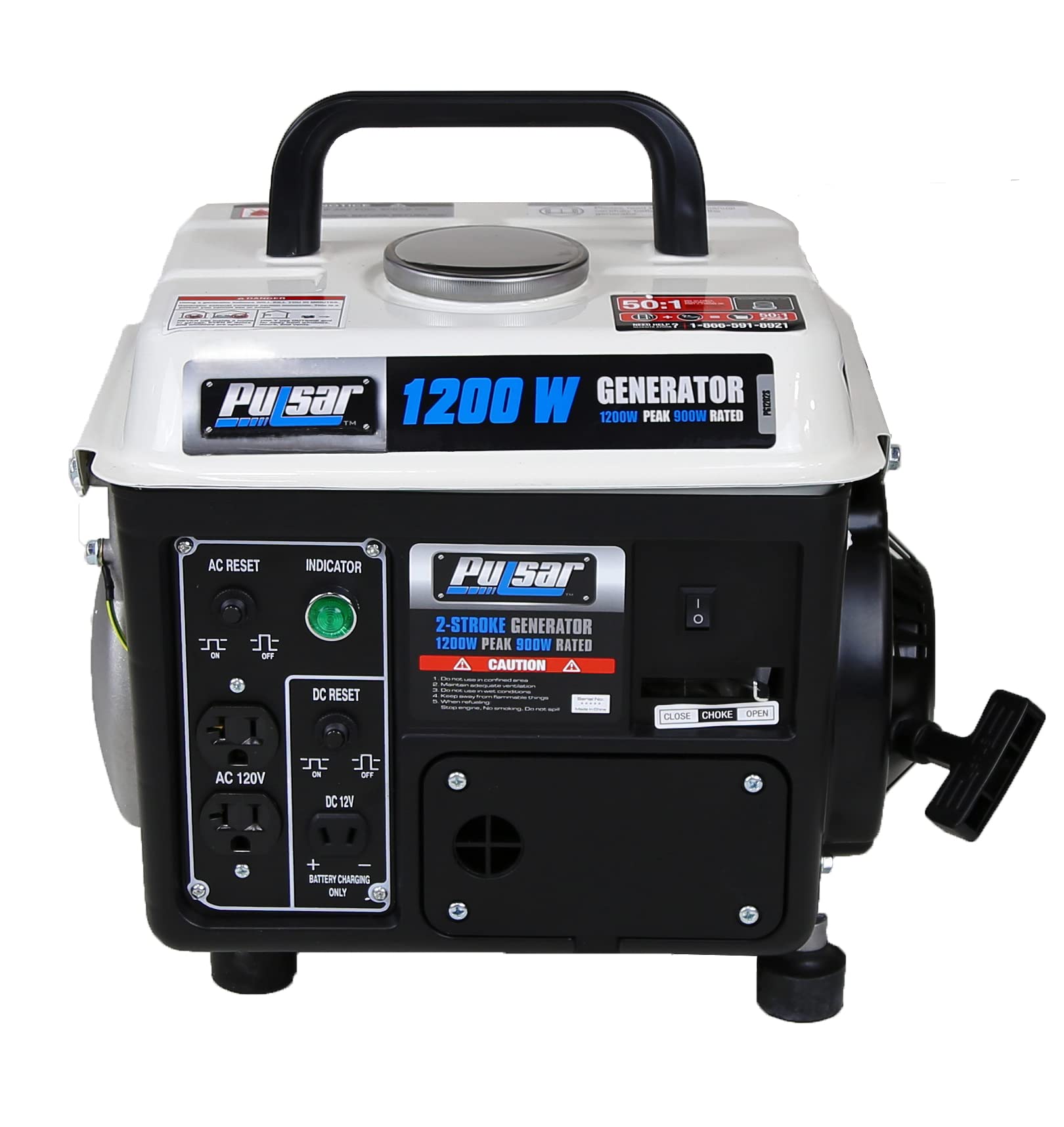 Pulsar 1,200W Carrying Handle, PG1202SA Gas-Powered Portable Generator, 1200W, Black/White