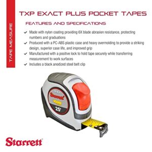 Starrett Exact Plus Retractable Imperial Pocket Tape Measure with Nylon Coating and Black Anodized Steel Belt Clip - 1.06" Width x 25' Length - KTXP106-25-N