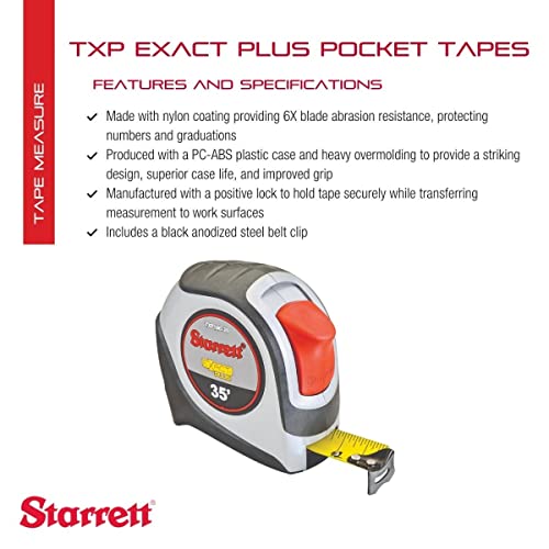 Starrett Exact Plus Retractable Imperial Pocket Tape Measure with Nylon Coating, Self Adjusting End Hook, and Black Anodized Steel Belt Clip - 1.06" Width x 35' Length - KTXP106-35-N