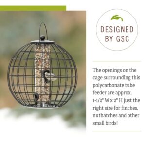 Gardeners Supply Company Globe Cage Bird Feeder | Sturdy and Squirrel Proof Outdoor Garden Hanging Hummingbird Feeder with Mixed Seeds Container | Best for Finches Nuthatches and Other Small Birds