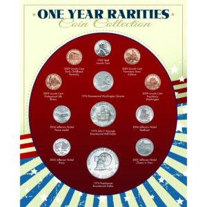 one year rarities coin collection, genuine united states minted coins, americana collectible, certificate of authenticity – american coin treasures