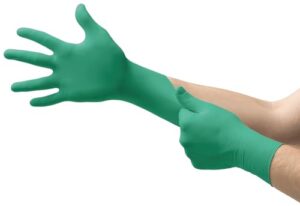 ansell touchntuff 92-600 nitrile lightweight glove with beaded cuff, chemical/splash resistance, powder free, 4.7mil thickness, 240mm length, size 8, green (box of 100)
