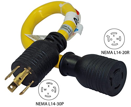 Conntek PL1430L1420 30-Amp 125/250-volt Model L14-30P Locking Plug for Model L14-20R 20-Amp 125/250-volt Locking Female Connector Adapter Cord, Yellow with Black