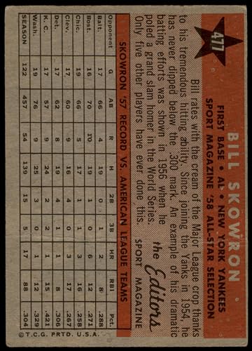 1958 Topps # 477 All-Star Bill Skowron New York Yankees (Baseball Card) GOOD Yankees