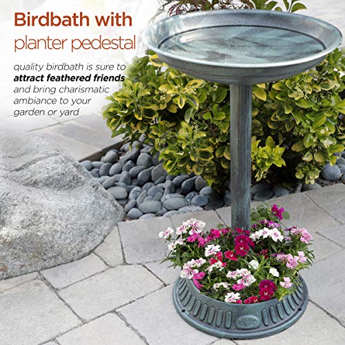 Alpine Corporation TIZ112 Alpine Plastic Outdoor Decor for Garden, Patio, Deck, Porch-Green Birdbath with Planter Pedestal, 25 Inch Tall, 15"L x 15"W x 25"H, Turquoise