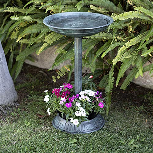 Alpine Corporation TIZ112 Alpine Plastic Outdoor Decor for Garden, Patio, Deck, Porch-Green Birdbath with Planter Pedestal, 25 Inch Tall, 15"L x 15"W x 25"H, Turquoise