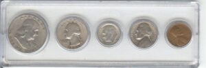 1953 birth year coin set-5 coins total-silver half dollar, silver quarter,silver dime, nickel, and cent -all dated 1953, and displayed in a plastic holder--note--these coins will be as good or better then the picture--nothing less