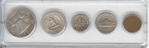 1949 BIRTH YEAR COIN SET, 5 COINS TOTAL-, SILVER HALF DOLLAR, SILVER QUARTER, SILVER DIME, NICKEL, CENT-, ALL DATED 1949 AND DISPLAYED IN A PLASTIC HOLDER--NOTE-- THESE COINS WILL BE AS GOOD OR BETTER THEN THE PICTURE--NOTHING LESS