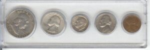 1949 birth year coin set, 5 coins total-, silver half dollar, silver quarter, silver dime, nickel, cent-, all dated 1949 and displayed in a plastic holder--note-- these coins will be as good or better then the picture--nothing less