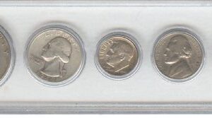 1949 BIRTH YEAR COIN SET, 5 COINS TOTAL-, SILVER HALF DOLLAR, SILVER QUARTER, SILVER DIME, NICKEL, CENT-, ALL DATED 1949 AND DISPLAYED IN A PLASTIC HOLDER--NOTE-- THESE COINS WILL BE AS GOOD OR BETTER THEN THE PICTURE--NOTHING LESS