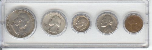 1949 BIRTH YEAR COIN SET, 5 COINS TOTAL-, SILVER HALF DOLLAR, SILVER QUARTER, SILVER DIME, NICKEL, CENT-, ALL DATED 1949 AND DISPLAYED IN A PLASTIC HOLDER--NOTE-- THESE COINS WILL BE AS GOOD OR BETTER THEN THE PICTURE--NOTHING LESS