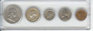 1954 birth year coin set (5) coins half, quarter, dime, nickel, and cent all dated 1954 and dispaled in a plastic holder seller