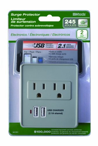 Coleman Cable 041051 2.1A USB Charger 2-Outlet 245J Surge Protector with Cradle Holder, White