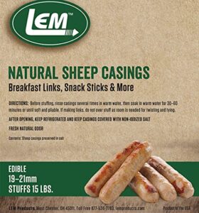 lem products natural sheep casings, 19-21mm, edible sausage casings, stuffs approximately 15 pounds, great for snack sticks, breakfast sausage links, and more, 15 lbs of meat, - (package may vary)