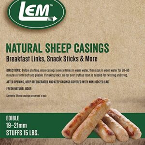 LEM Products Natural Sheep Casings, 19-21mm, Edible Sausage Casings, Stuffs Approximately 15 Pounds, Great for Snack Sticks, Breakfast Sausage Links, and More, 15 lbs of meat, - (Package May Vary)