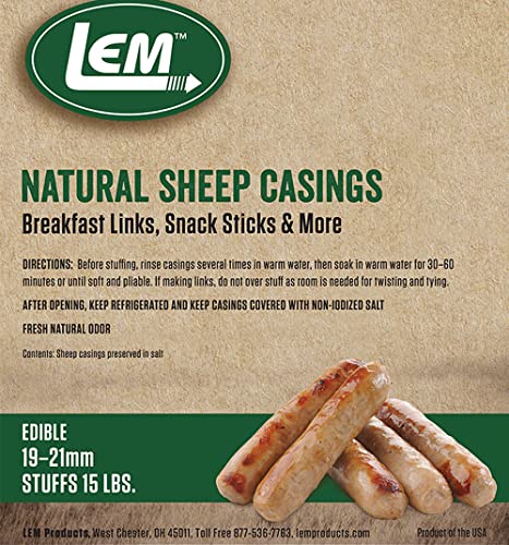 LEM Products Natural Sheep Casings, 19-21mm, Edible Sausage Casings, Stuffs Approximately 15 Pounds, Great for Snack Sticks, Breakfast Sausage Links, and More, 15 lbs of meat, - (Package May Vary)