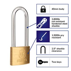 BRINKS - 40mm Solid Brass Keyed Padlock with 2.5” Shackle Clearance, (171-42001)