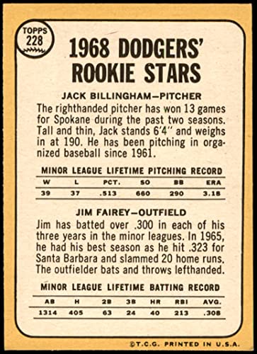 1968 Topps # 228 Dodgers Rookies Jim Fairey / Jack Billingham Los Angeles Dodgers (Baseball Card) Dean's Cards 5 - EX Dodgers