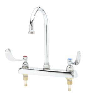 t&s brass b-1142-04 8-inch c/c deck mount workboard faucet with 4-inch wrist action handles and swivel gooseneck, chrome