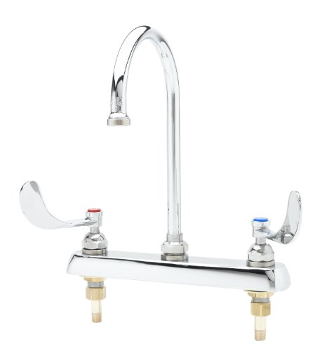 T&S Brass B-1142-04 8-Inch C/C Deck Mount Workboard Faucet with 4-Inch Wrist Action Handles and Swivel Gooseneck, Chrome