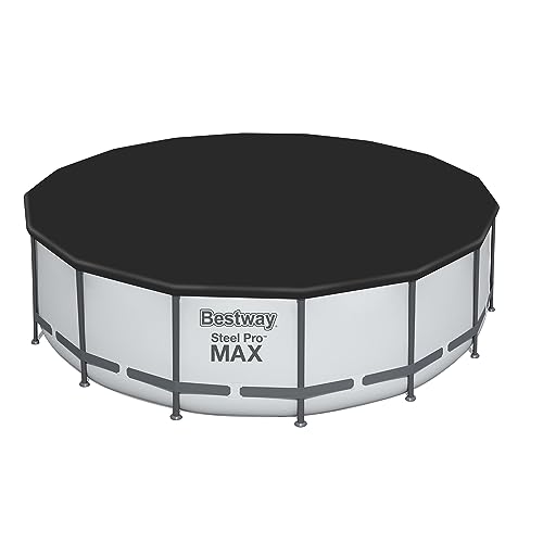 Bestway Round PVC 16 Foot Pool Cover for Above Ground Pro Frame Pools with Drain Holes and Secure Tie-Down Ropes, Black (Cover Only)