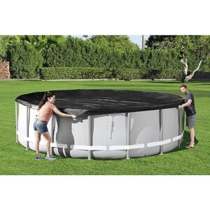 Bestway Round PVC 16 Foot Pool Cover for Above Ground Pro Frame Pools with Drain Holes and Secure Tie-Down Ropes, Black (Cover Only)