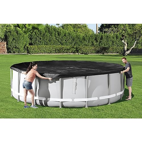 Bestway Round PVC 16 Foot Pool Cover for Above Ground Pro Frame Pools with Drain Holes and Secure Tie-Down Ropes, Black (Cover Only)