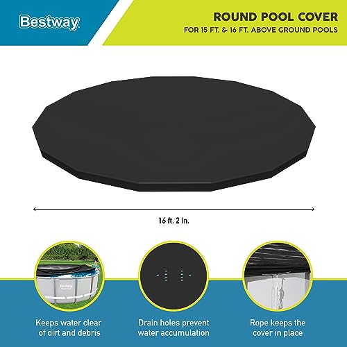 Bestway Round PVC 16 Foot Pool Cover for Above Ground Pro Frame Pools with Drain Holes and Secure Tie-Down Ropes, Black (Cover Only)