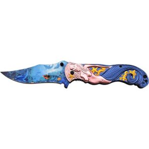 masters collection mc-a013bl mc-a013bl spring assist folding knife with undersea printed blade mermaid handle, copper, 5"