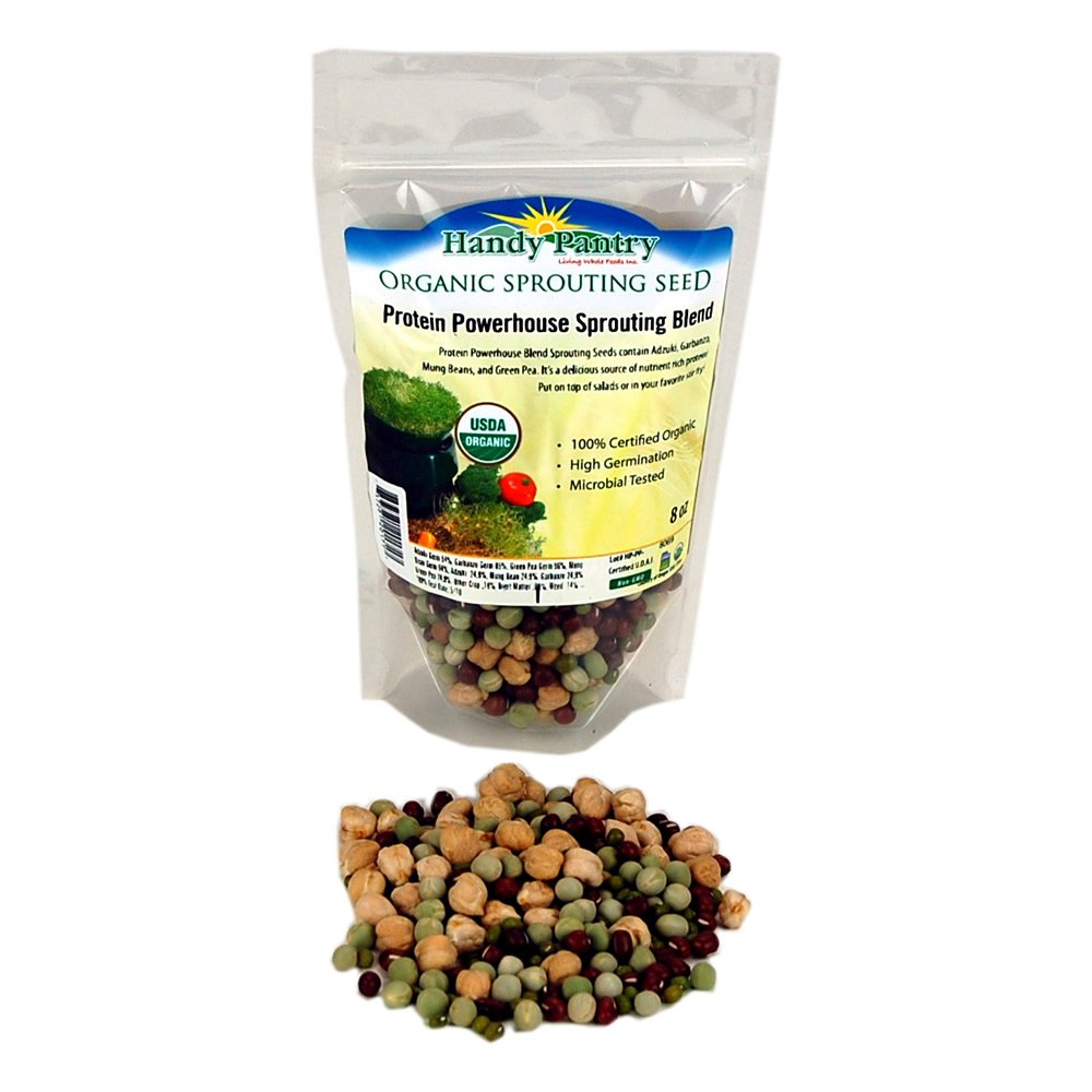 Handy Pantry Sprouting Seeds Organic Protein Powerhouse Blend (Adzuki, Garbonzo, Mung Bean & Snow Pea) 8 oz.