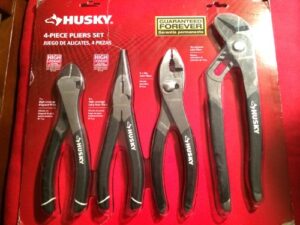 husky 861461 4 piece high leverage multi-use pliers set with diagonal, long nose, slip joint, and groove joint pliers