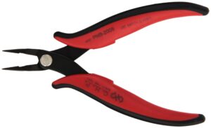hakko chp pnb-2005 long-nose angled pliers, pointed nose, flat outside edge, 45-degree angled serrated jaws, 32mm jaw length, 1.2mm nose width, 3mm thick steel