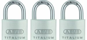 abus 64ti/40 titalium aluminum alloy padlock, keyed alike with nano protect steel shackle, pack of 3