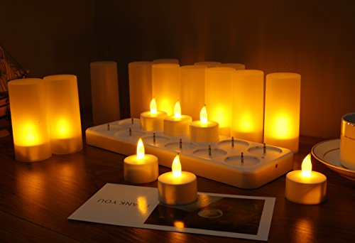 WoneNice Rechargeable Tea Lights Flickering Flameless Candles with Charging Base and AC Adapter, Romantic Deco for Home Parties, Restaurants, Weddings, Christmas