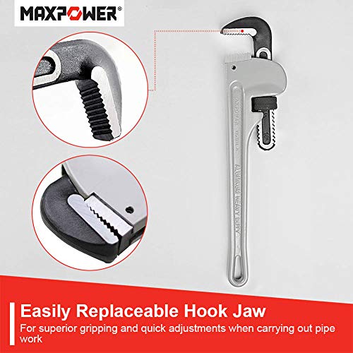 MAXPOWER 14-Inch Pipe Wrench, 40% Lighter Aluminum Plumbing Wrench, Heavy Duty Straight Pipe Wrenches Jaw Max Capacity 2 inch