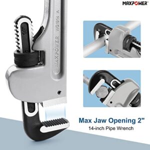 MAXPOWER 14-Inch Pipe Wrench, 40% Lighter Aluminum Plumbing Wrench, Heavy Duty Straight Pipe Wrenches Jaw Max Capacity 2 inch