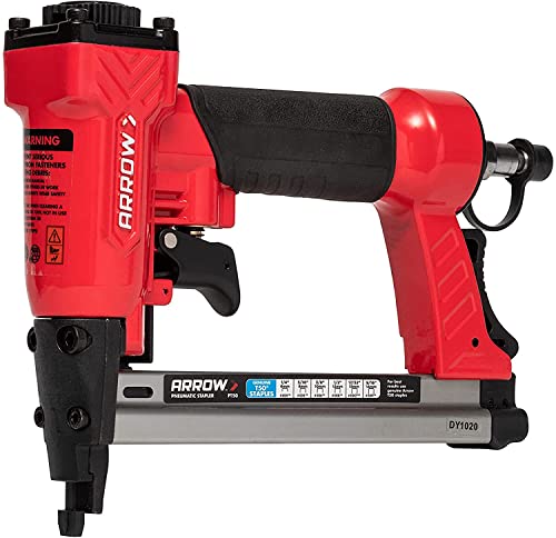 Arrow PT50 Oil-Free Pneumatic Staple Gun, Professional Heavy-Duty Stapler for Wood, Upholstery, Carpet, Wire Fencing, Fits 1/4”, 5/16”, 3/8", 1/2", 9/16” Staples , Red