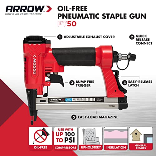 Arrow PT50 Oil-Free Pneumatic Staple Gun, Professional Heavy-Duty Stapler for Wood, Upholstery, Carpet, Wire Fencing, Fits 1/4”, 5/16”, 3/8", 1/2", 9/16” Staples , Red