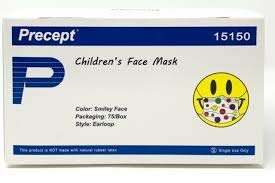 precept 15150 children's face mask earloop, pfe greater than 99%, child sized, happy face print box 75