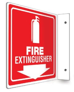 accuform fire extinguisher 90d projection sign, 8"x8" high-impact plastic with pre-drilled mounting holes, made in usa, psp729