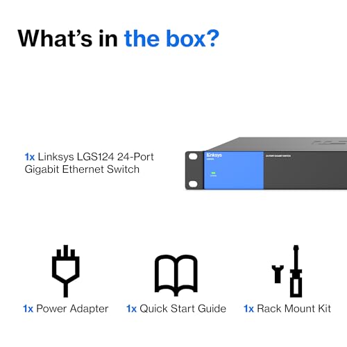 Linksys LGS124 24 Port Gigabit Unmanaged Network Switch - Home & Office Ethernet Switch Hub with Metal Housing - Wall Mount or Desktop Ethernet Splitter, Plug & Play