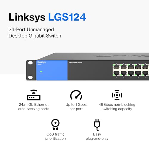 Linksys LGS124 24 Port Gigabit Unmanaged Network Switch - Home & Office Ethernet Switch Hub with Metal Housing - Wall Mount or Desktop Ethernet Splitter, Plug & Play