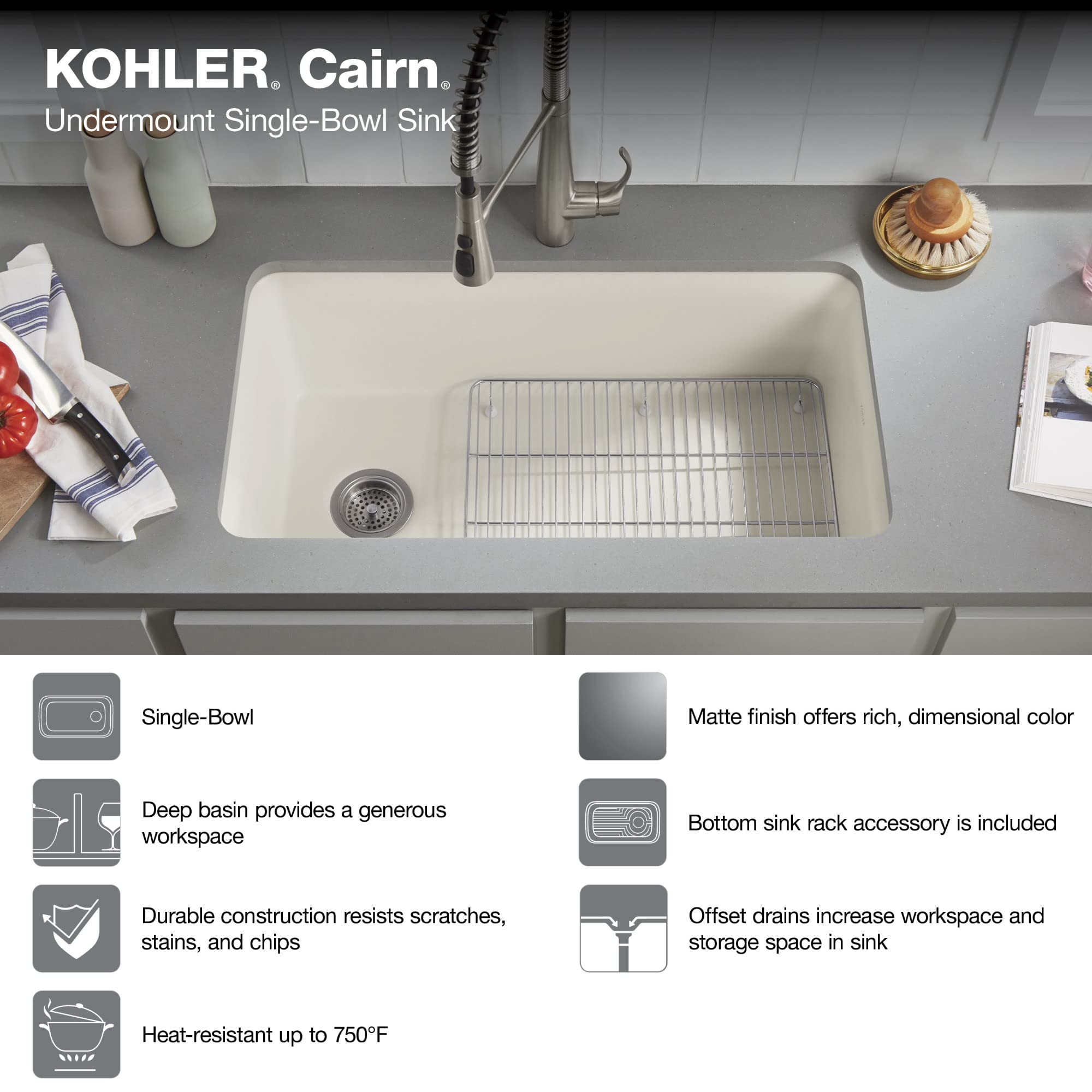 KOHLER K-8206-CM6 Cairn Sink, 33 in, Matte White