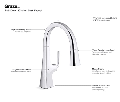 KOHLER 22062-VS Graze Pull-Down Kitchen Sink Faucet with Three-Function Sprayhead, Kitchen Faucet with Sprayer, Vibrant Stainless