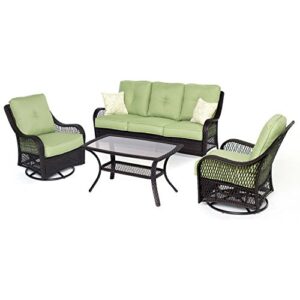 hanover orleans 4-piece steel outdoor patio set outdoor patio deep seating set with brown wicker, sofa, avocado green cushions, 4 pillows and glass top rectangular coffee table